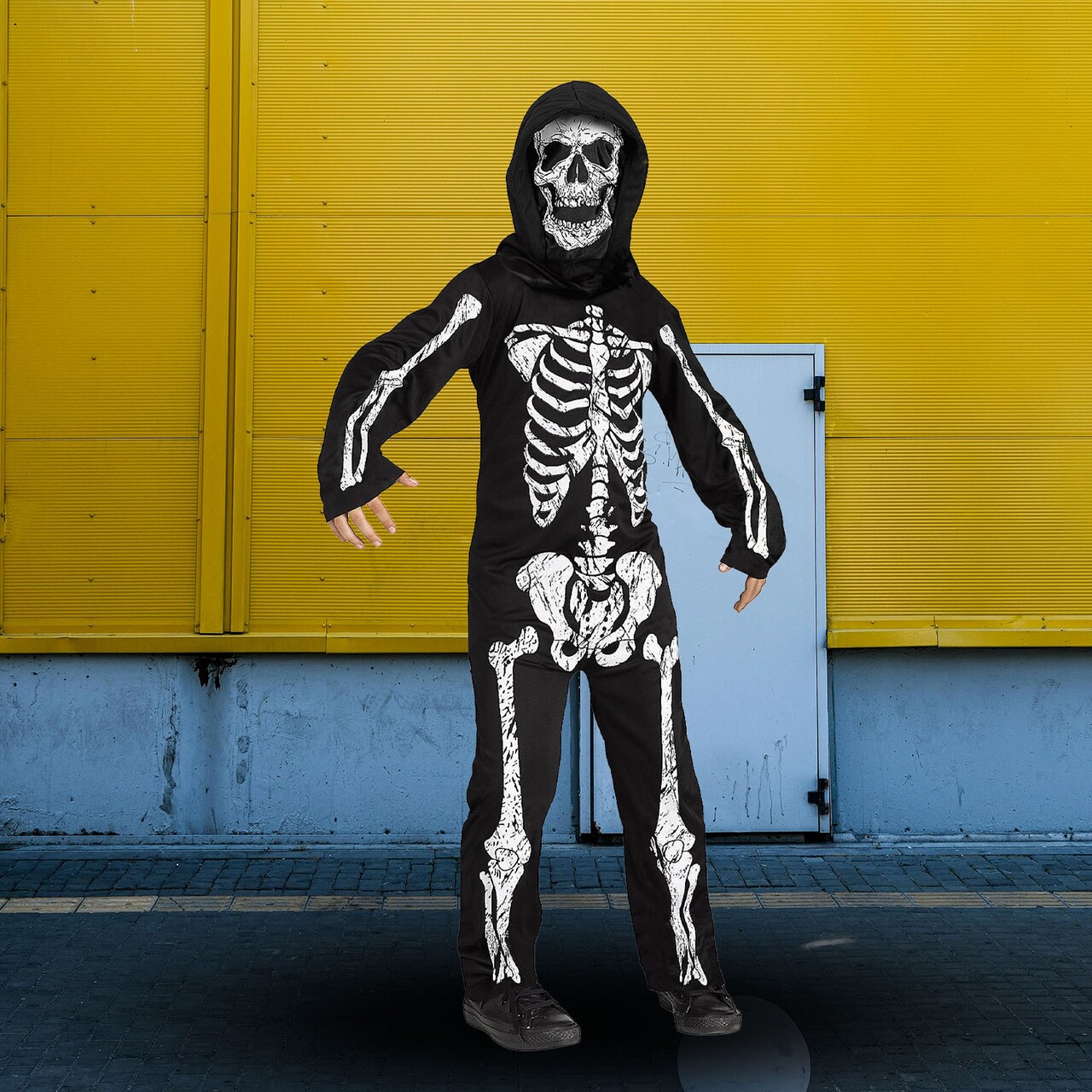 Child Phantom Skeleton Jumpsuit Costume with Hood and Skull Mask